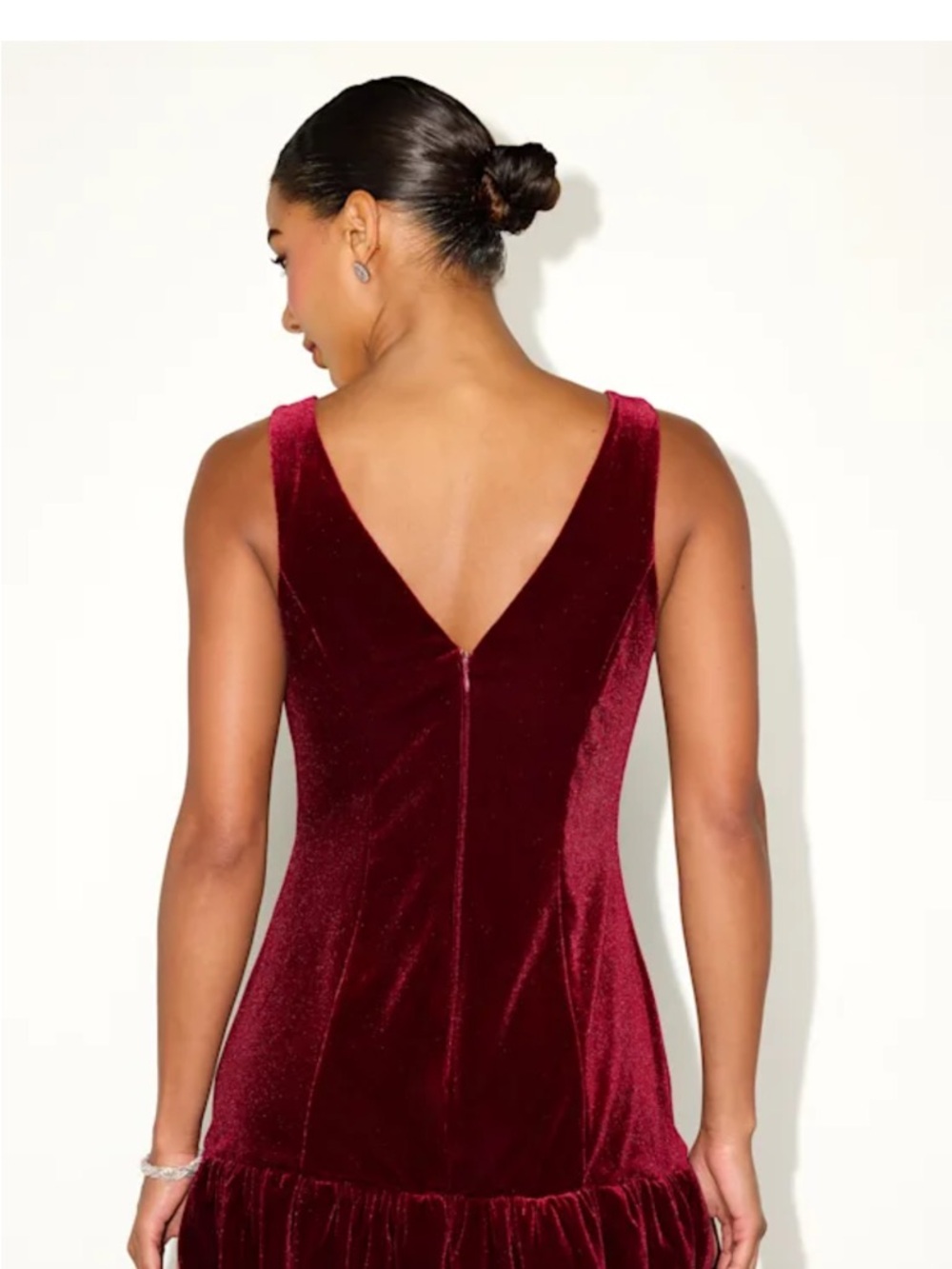 Lulu's Burgundy Velvet V-Neck Ruffle Mini Dress - Picture 2 of 6